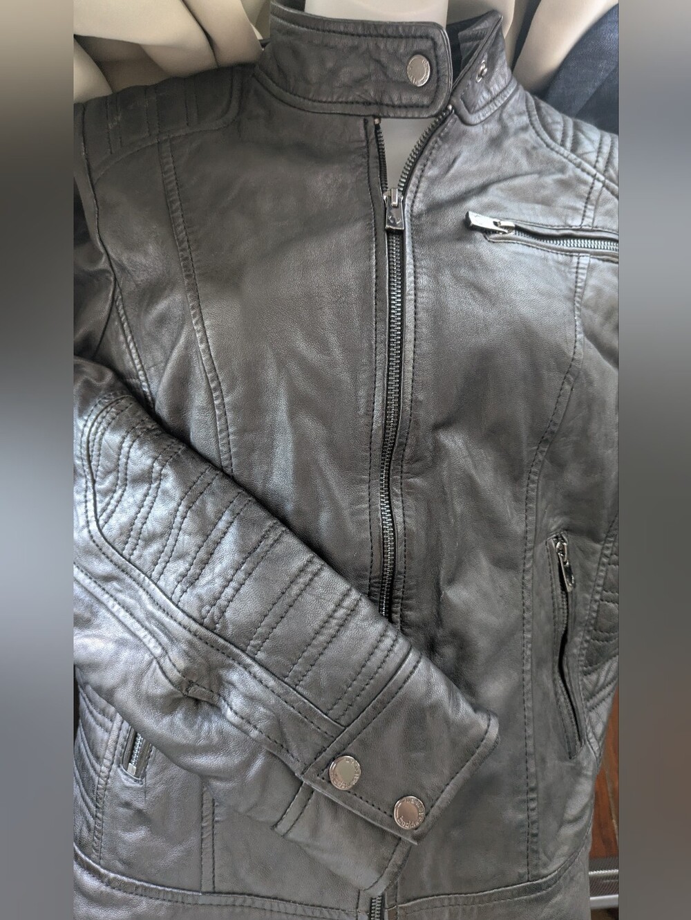 BOD & CHRISTENSEN Black Leather Moto Jacket with Detachable Grey Hoodie NWT